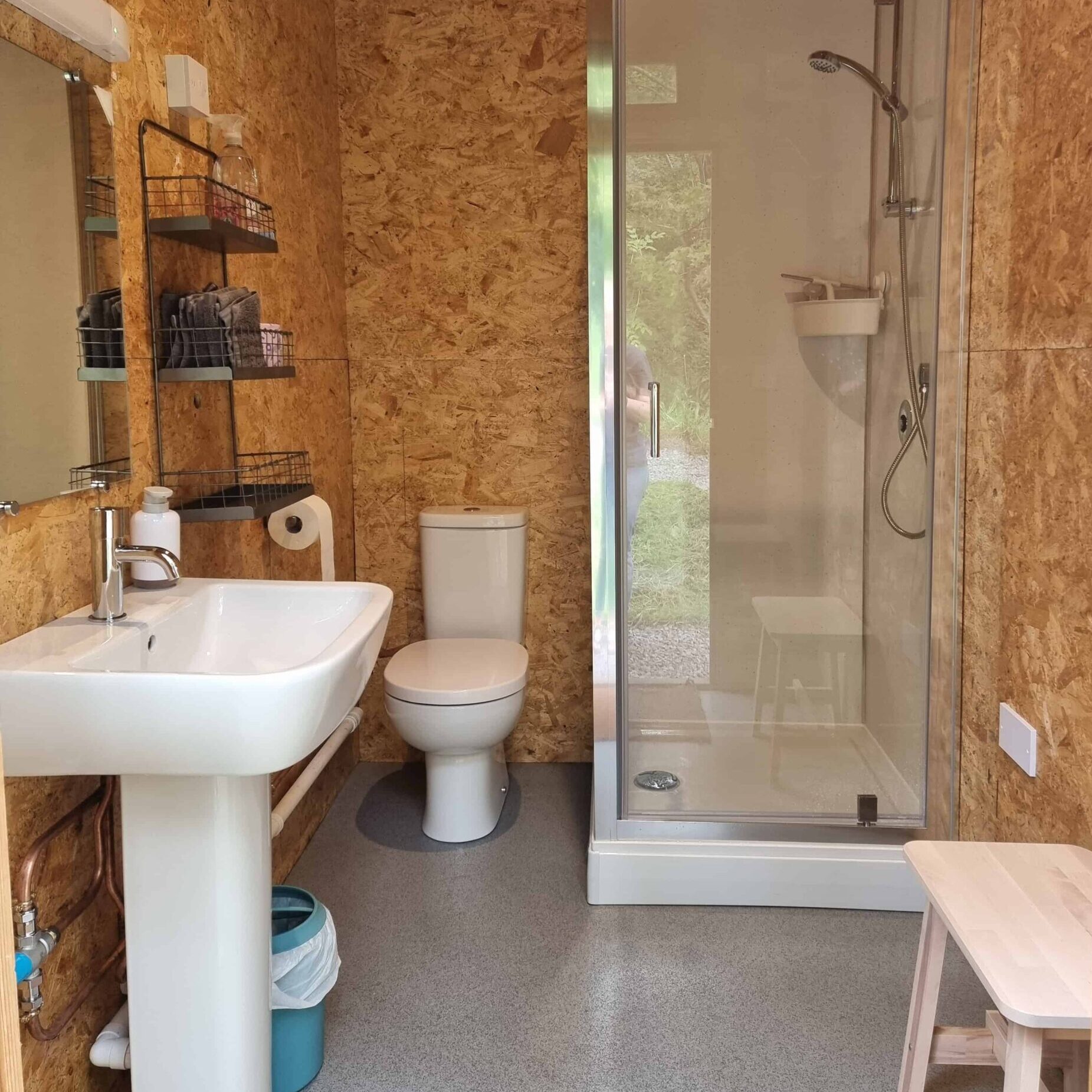 shower room with shower sink toilet