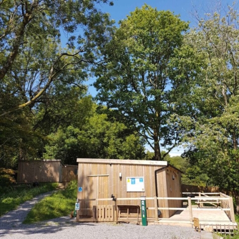 Cabins and facilities with trees in the background