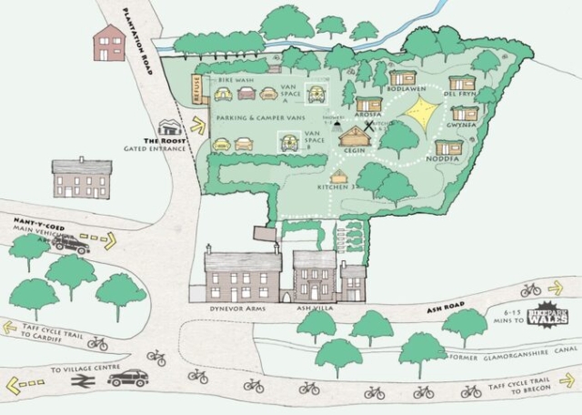 Roost site map showing cabins and way to bikepark wales