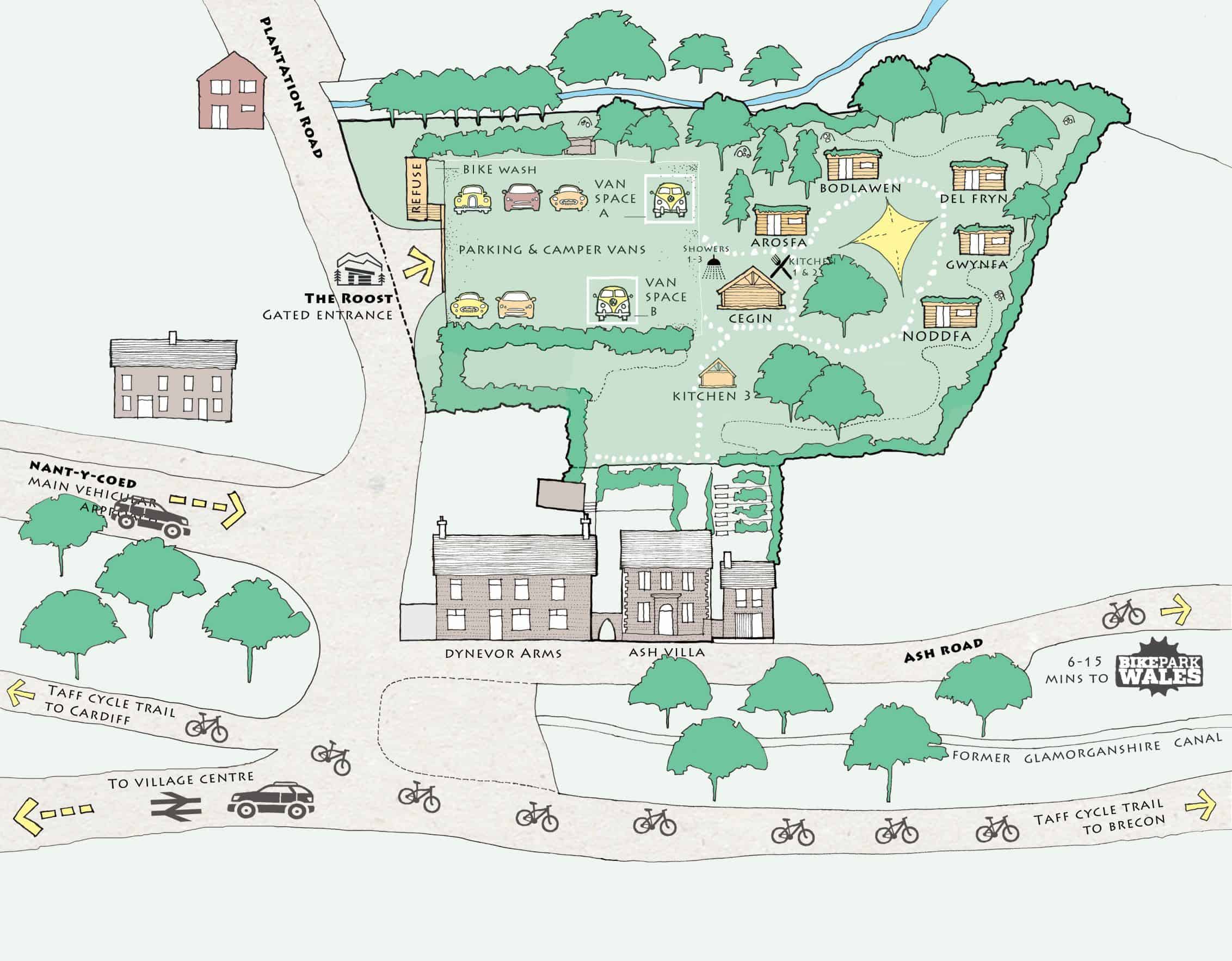 Roost site map showing cabins and way to bikepark wales