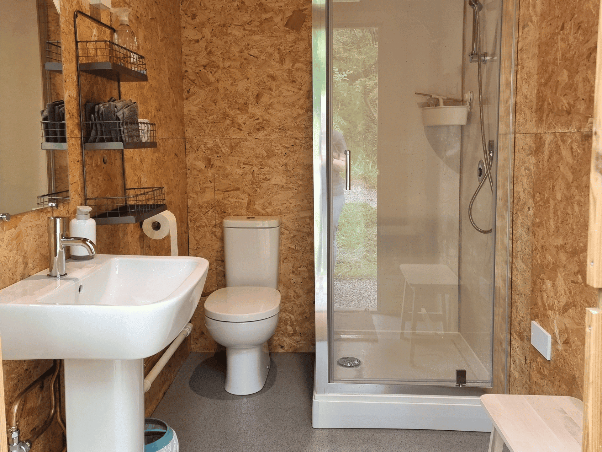 shower room with shower sink toilet